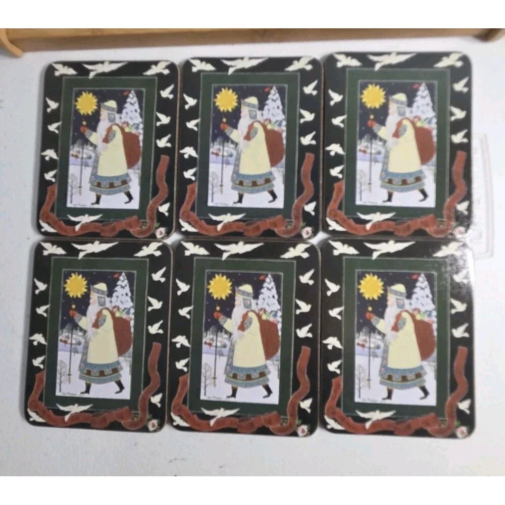 Acorn Christmas Coasters Boxed Set 6 Old World Santas Cork Backed Cate Mandigo